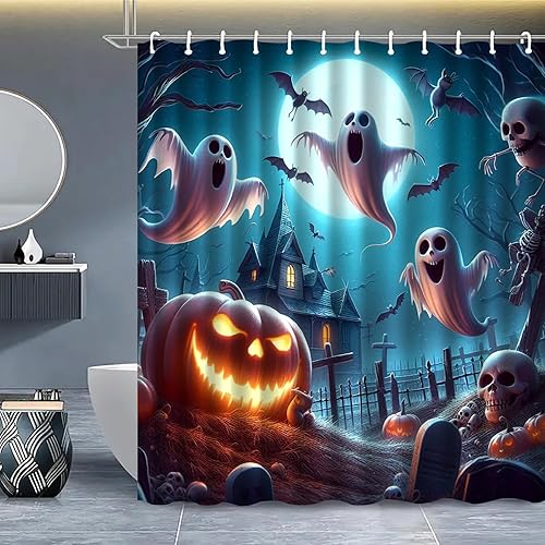 Miniatura 4 de Dreamrflove Cortina de ducha de Halloween, cortina de ducha fantasma, cortina de baño de calabazas de 72 x 72 pulgadas, impermeable, con aislamiento