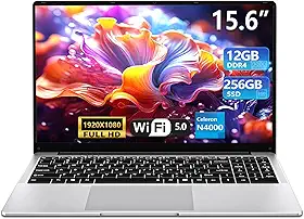 Laptop para jogos 2025, laptops tradicionais de 15,6 polegadas N4000, laptop com 12 GB de RAM, SSD de 256 GB, netbook fino e leve WiFi5 Mini-HDMI abertura de ângulo 180 BT5.0, laptop fino e leve para
