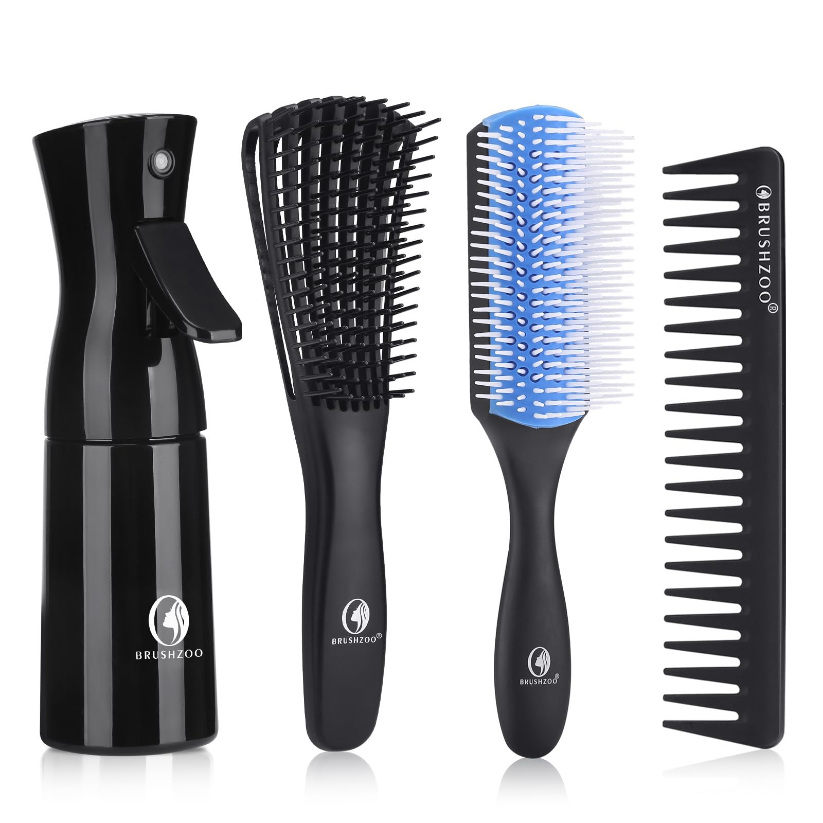 Hair Brush Set, Detangler Brush for Natural 3/4abc Curly Hair, Hair Brushes for Women Men Kids Detangling Styling with Spray Bottle (Blue)