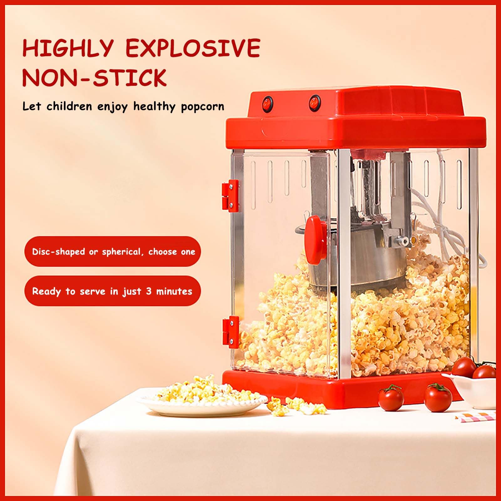 Máquina de palomitas, base antiadherente, funcionamiento silencioso y rápido, apta para azúcar/aceite/mantequilla, perfectamente adecuada para cine en casa, noches de películas y reuniones sociales.