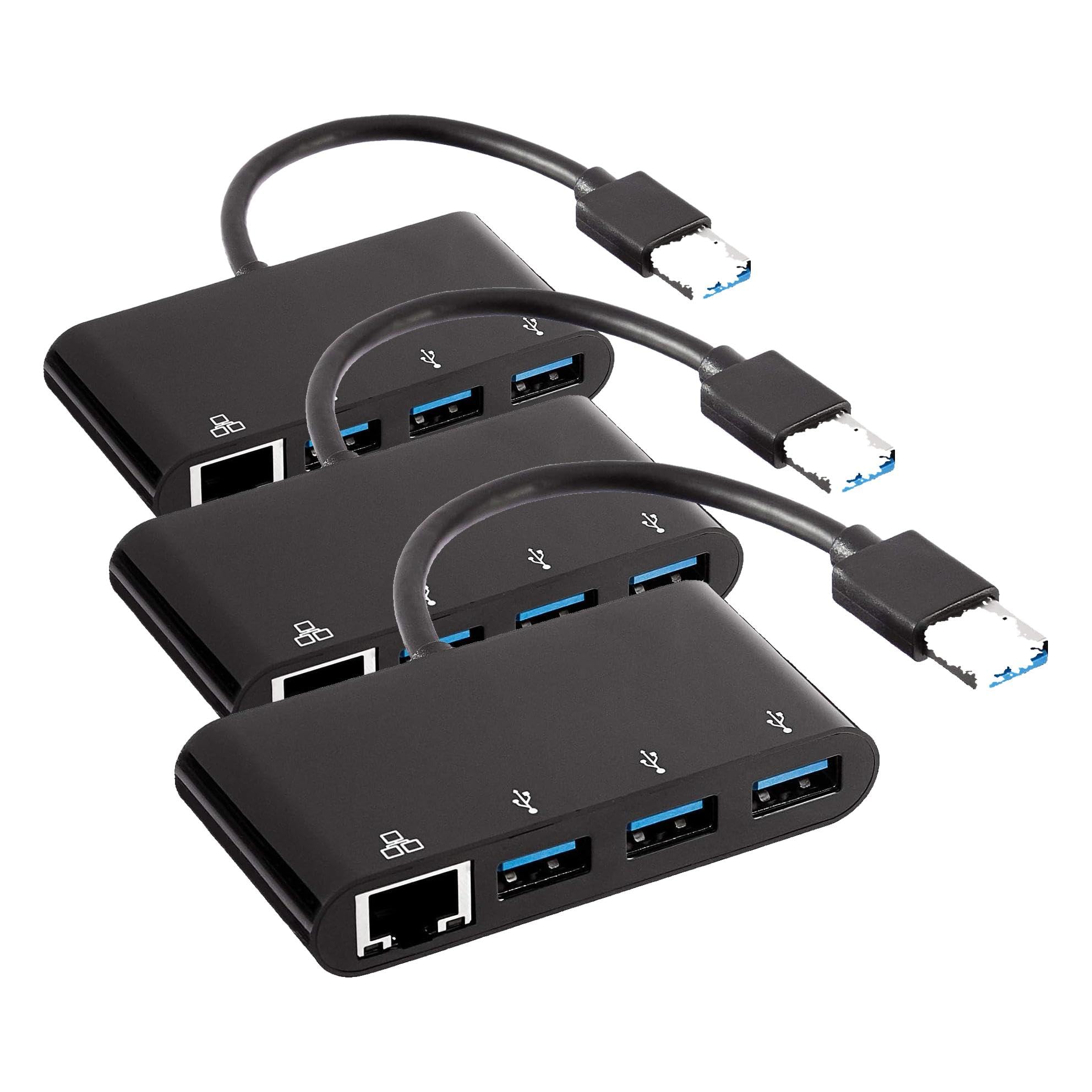 Amazon Basics Adaptateur 3 Ports USB 3.0 avec Port Ethernet gigabit RJ45 Noir, 3 USB A + 1 RJ45, pour Ordinateurs de Bureau, Noir (Lot de 3)