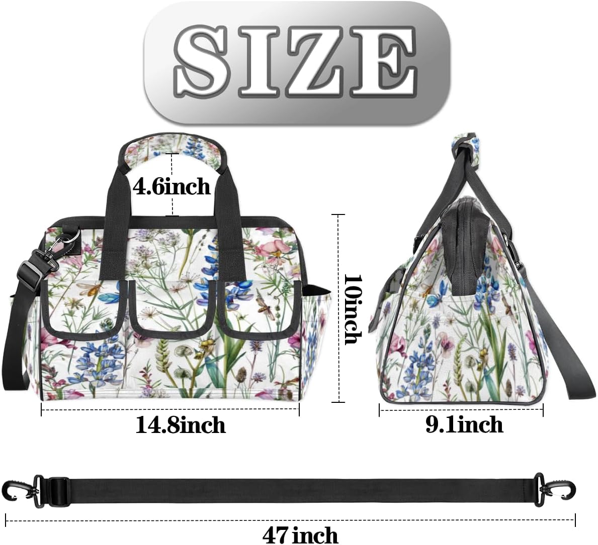 Colorful Floral Heavy Duty Tool Bag for Men Garden Engineer Electrician Carpenter Sturdy Portable Tool Box Organizer Storage with Handle Pockets Strap 15 Inch