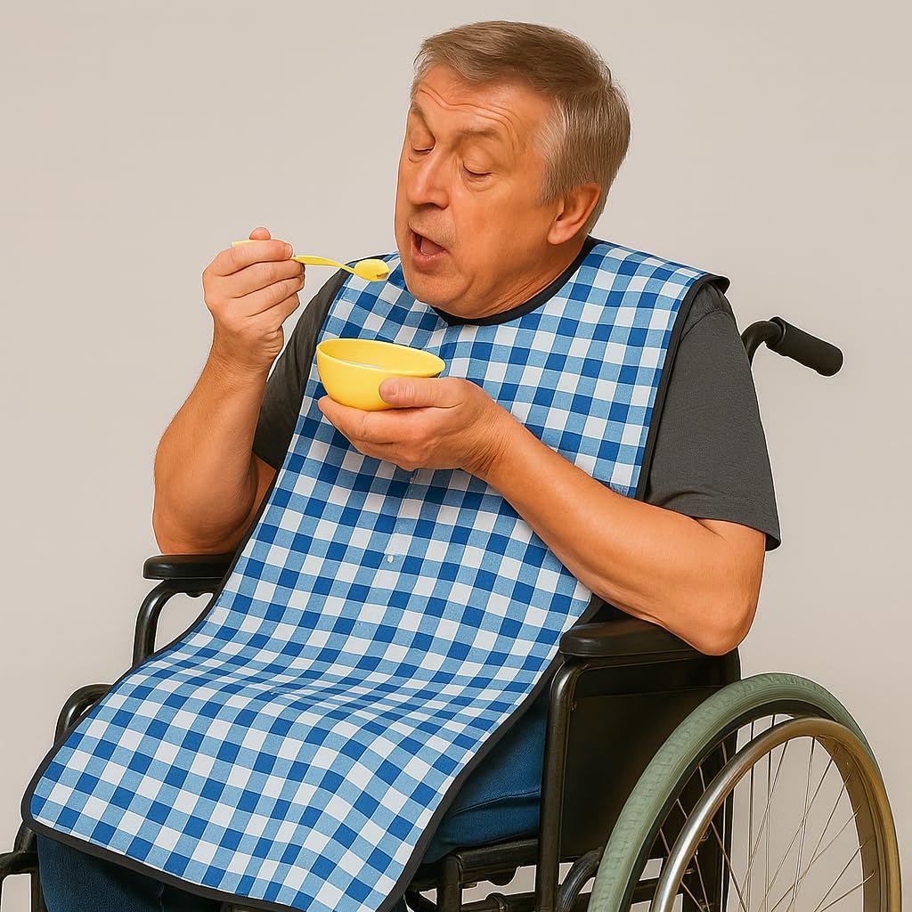 MAKSTILE Adult Bib| Extra-Long Adult Dining Bib for Elderly–2-Layer Absorbent Cotton & Waterproof Backing, Washable Reusable Clothing Protector for Senior Citizens, Disabled & Bedridden - Blue - Image 5 thumbnail