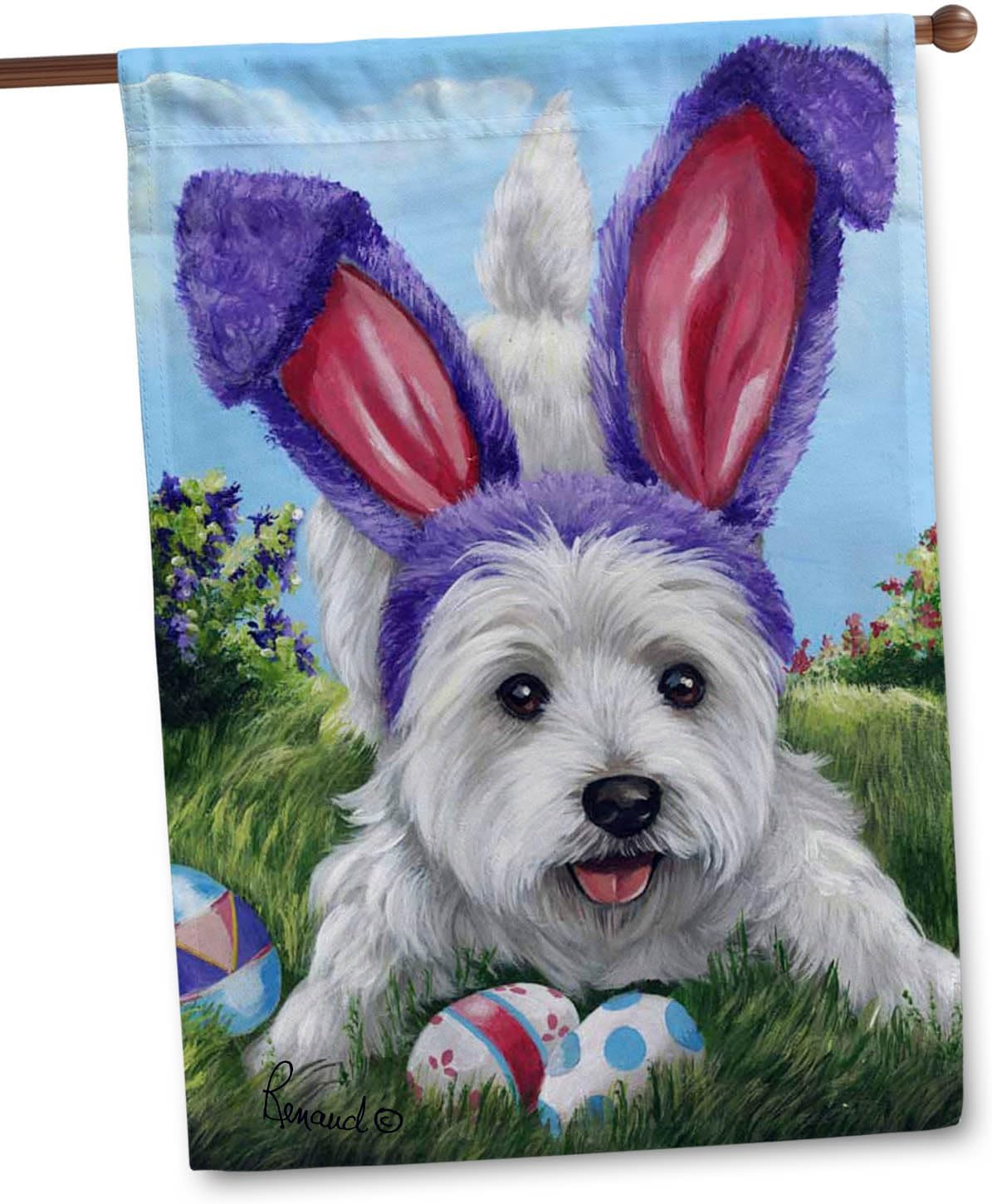 Flagology, West Highland Terrier Egg Hunt House Flag 28" x 40", Outdoor Flag, Premium Fabric, Precious Pets Paintings, Easter, Spring Decor, Dog, Westie