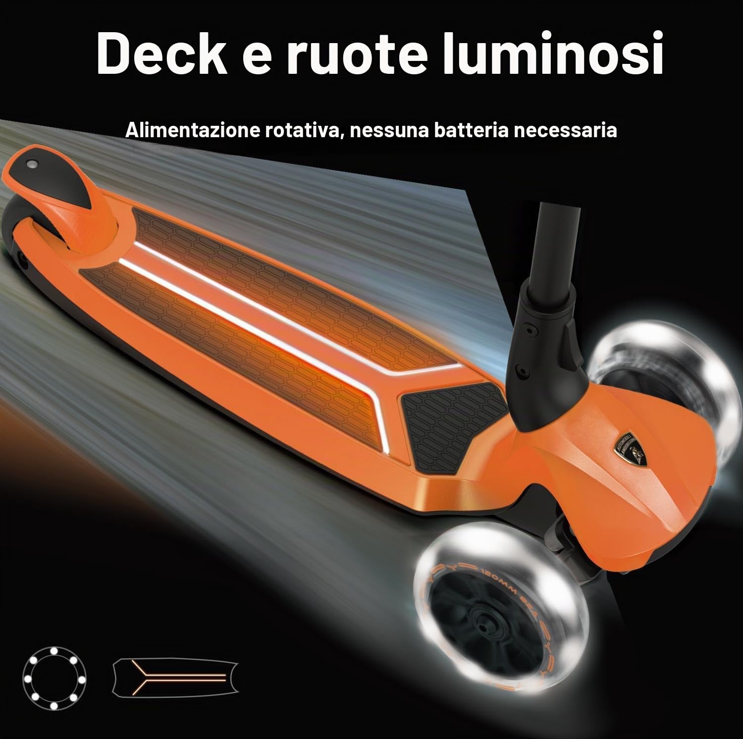 Lamborghini Monopattino Bambino da 3 a 8 anni, fino a 50 kg, con ruote a LED e pedale, altezza regolabile, monopattino pieghevole per bambini a partire dai 3 anni, monopattini per bambini