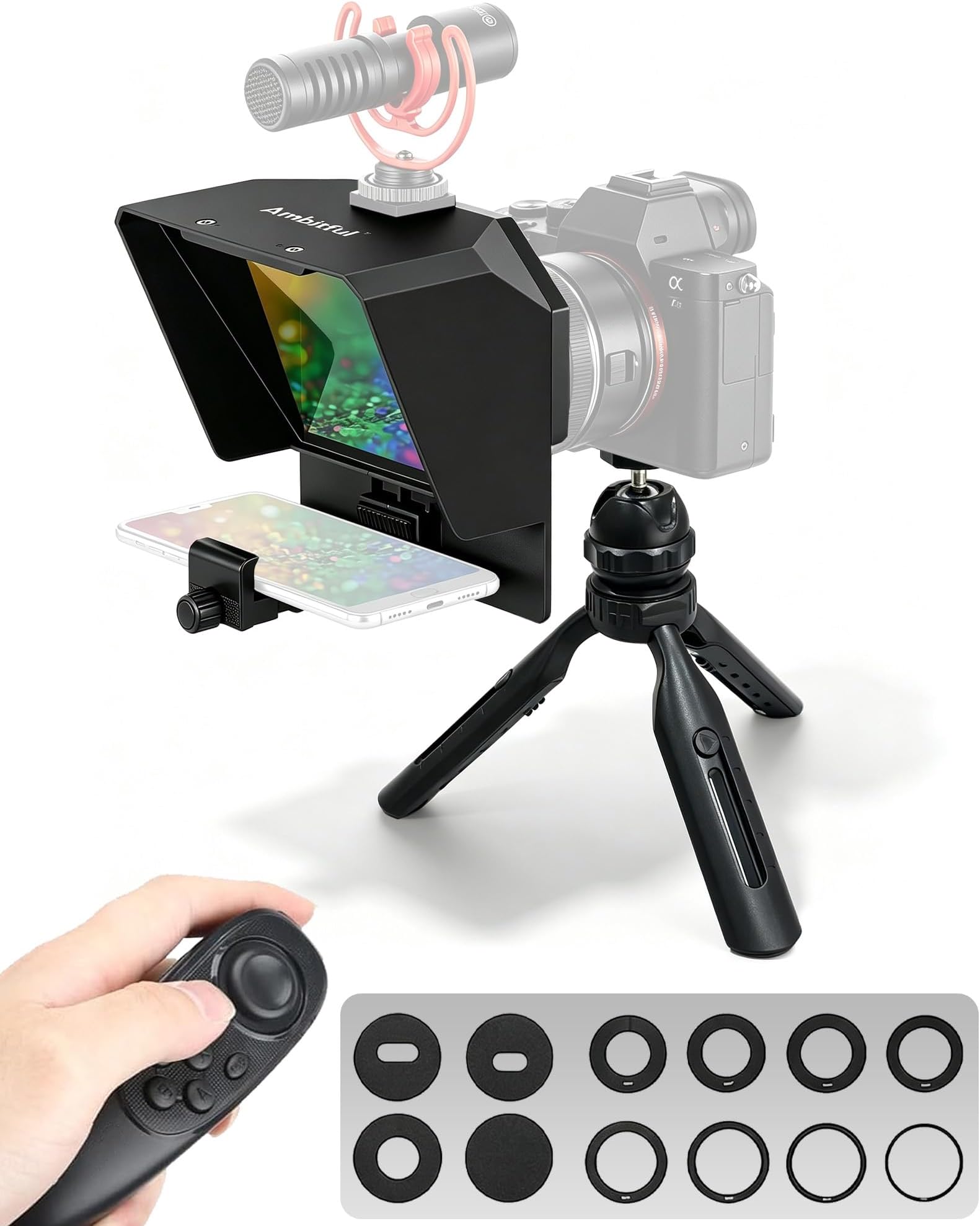 AMBITFUL Mini Teleprompter 7.5" with Desktop Tripod for Smartphone and DSLR