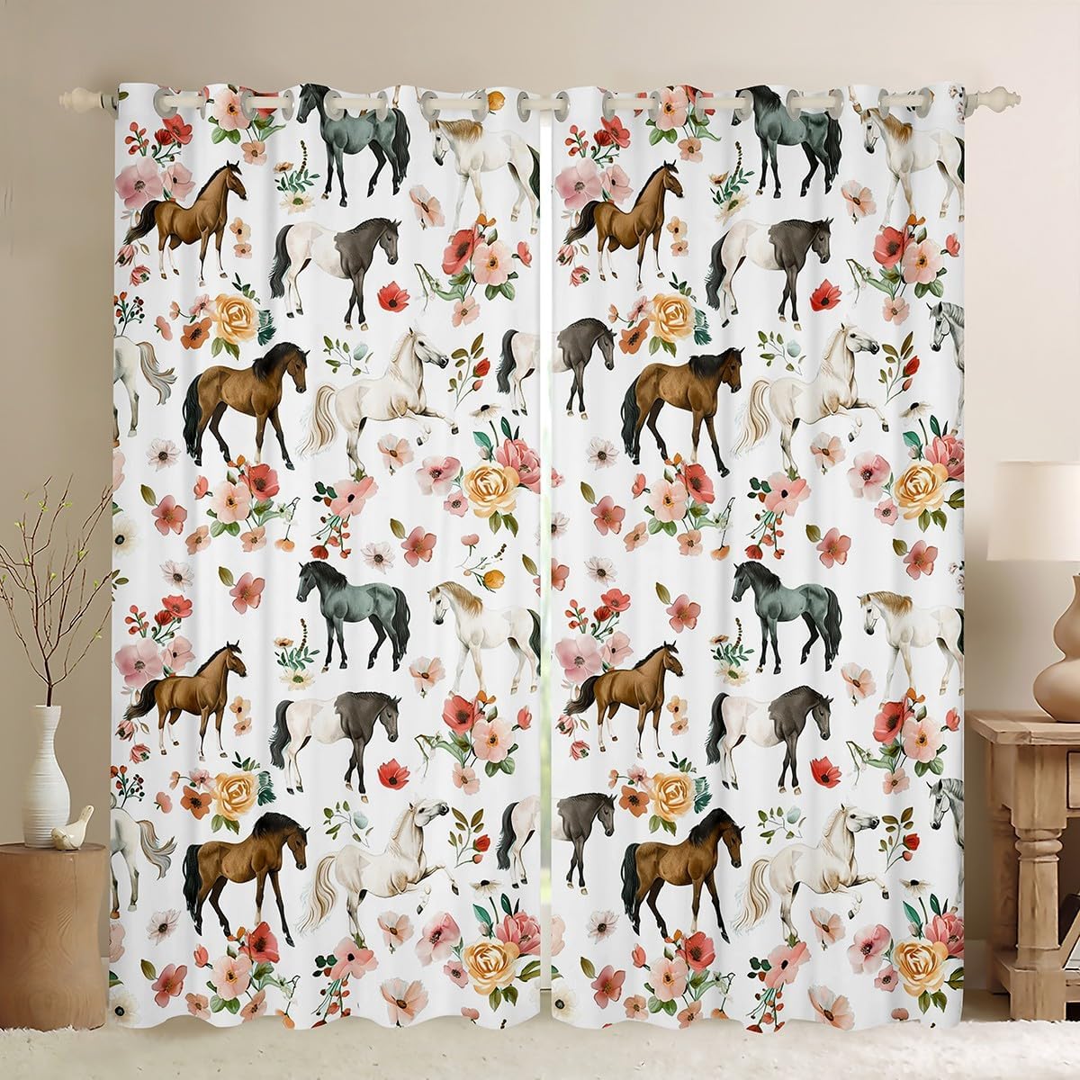Rideaux occultants avec œillets - Motif chevaux - 137 x 117 cm - Pour enfants, garçons, filles, adolescents