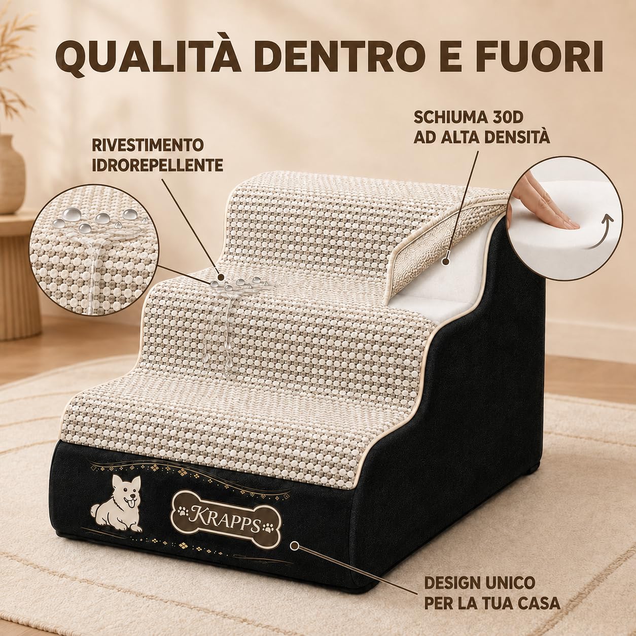 Scaletta per Cani a 3 Gradini con Lavazampe e Guanto Rimuovipeli | Scala per cani per letto e divano, schiuma 30D, rivestimento sfoderabile e idrorepellente, base antiscivolo, 40 x 60 x 40 cm