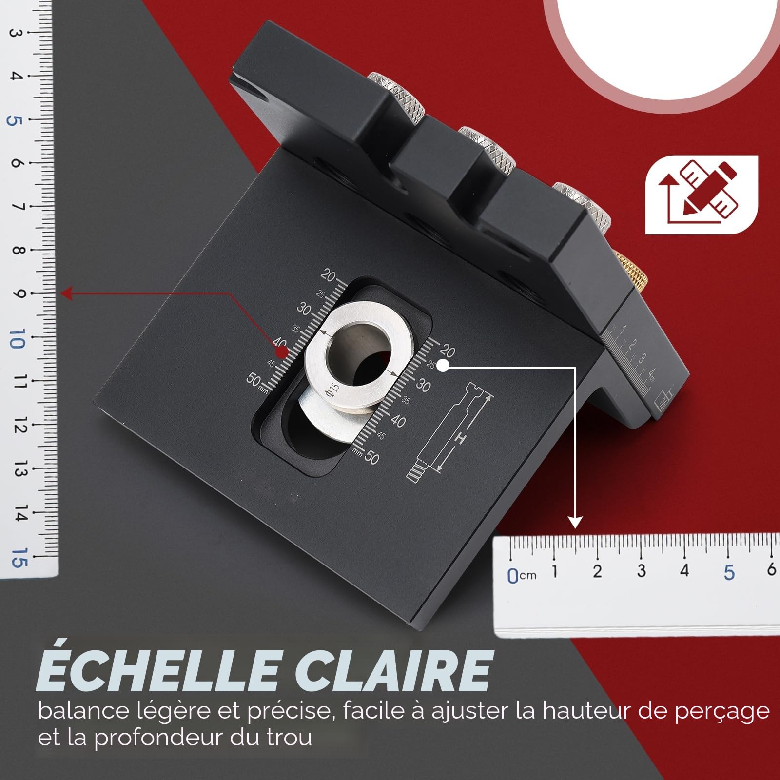 6/8/10/15mm gabarit de percage, 3 en1 kit de guide de percage réglable avec clip de positionnement Guide de perçage réglable localisateur de perforateur pour meubles
