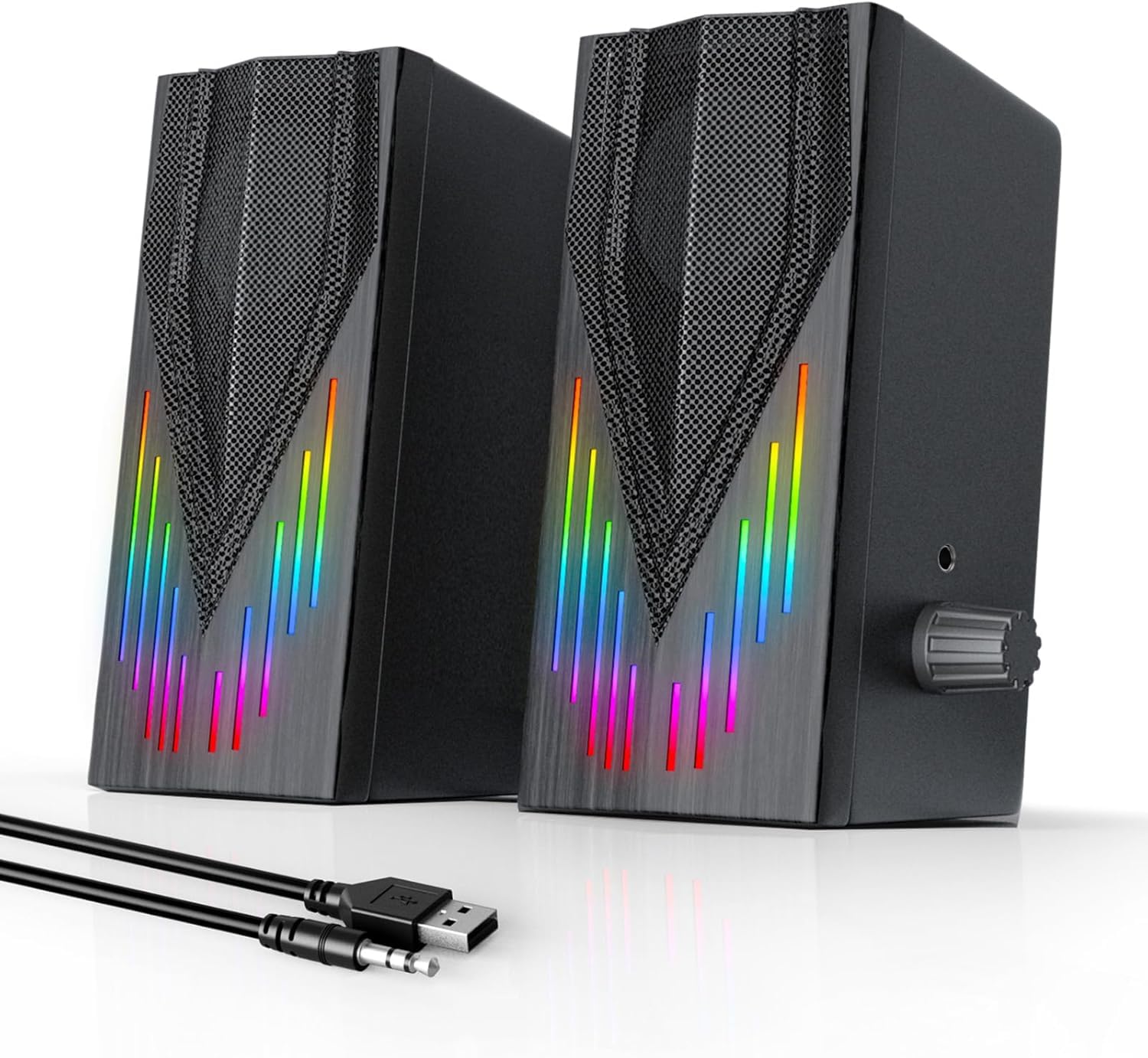 Uakinat Altoparlanti per computer con 6 luci RGB colorate, alimentati tramite USB AUX da 3,5 mm con suono stereo forte, ingresso cuffie per desktop, PC/laptop/tablet telefono