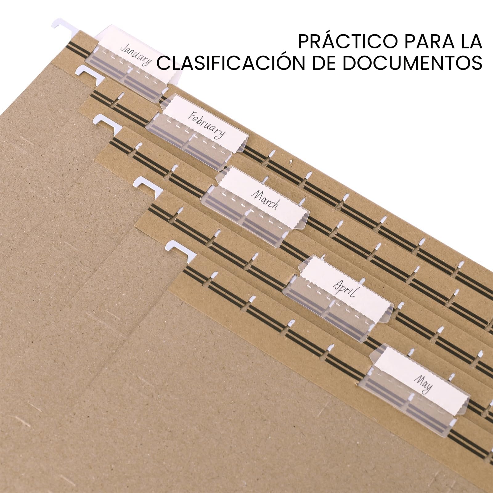 25 piezas Carpeta Colgante DIN A4 de Papel Kraft, con Pestañas de Plástico Transparente y Tarjeta en Blanco para Oficina, Escuela, Hogar (Marrón)