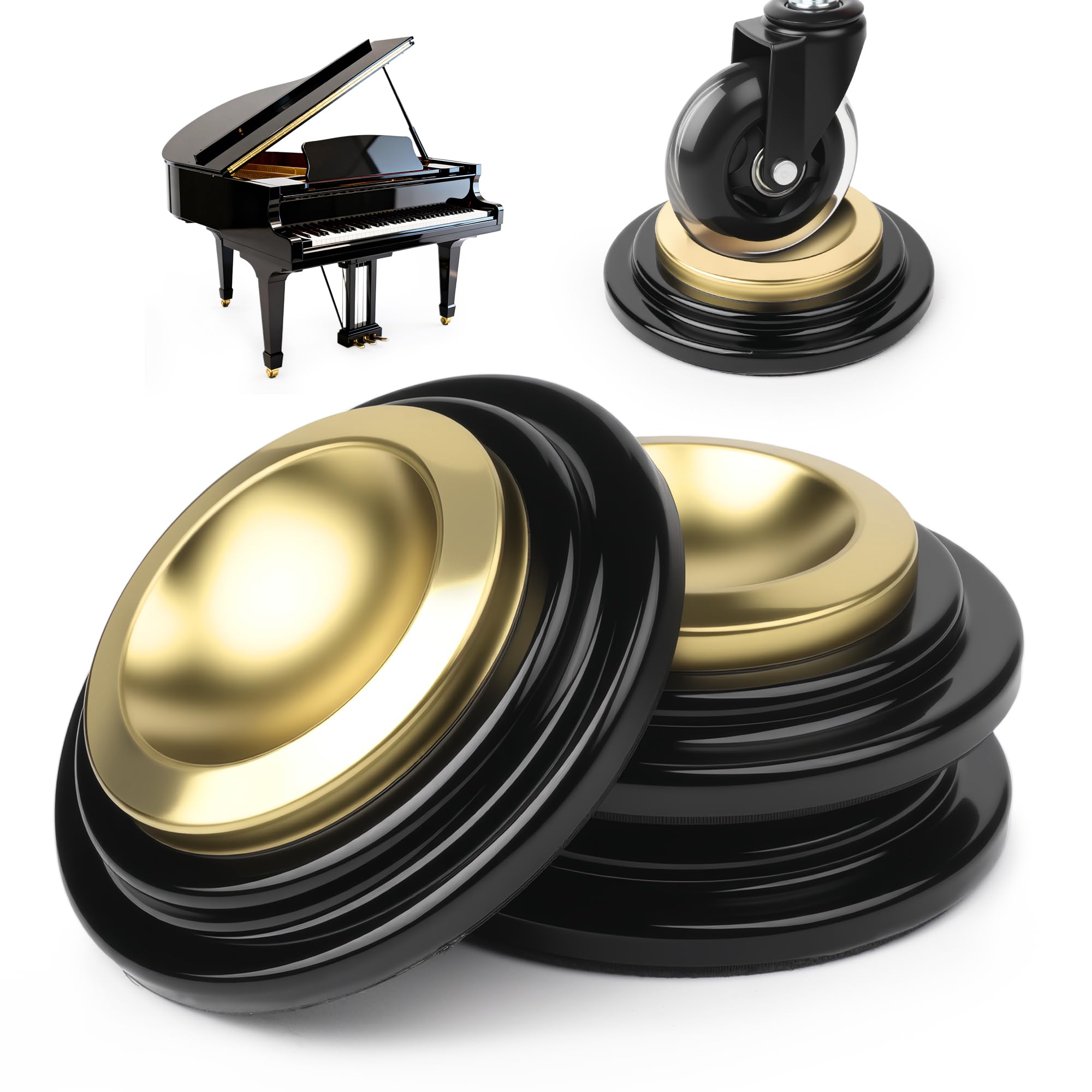 Sandure 3 Pack Piano Caster Cups Metal Rubber with Felt Bottom Non-Slip Anti-Noise Heavy Duty for Grand Upright Piano Furniture Hardwood Floor Protectors