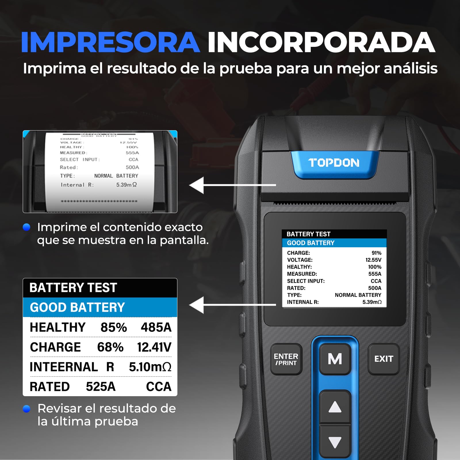 Probador de batería de 12 V/24 V con impresora incorporada Topdon BT300P, 100-2000 CCA - Probador de carga automático para prueba de batería/arranque/carga