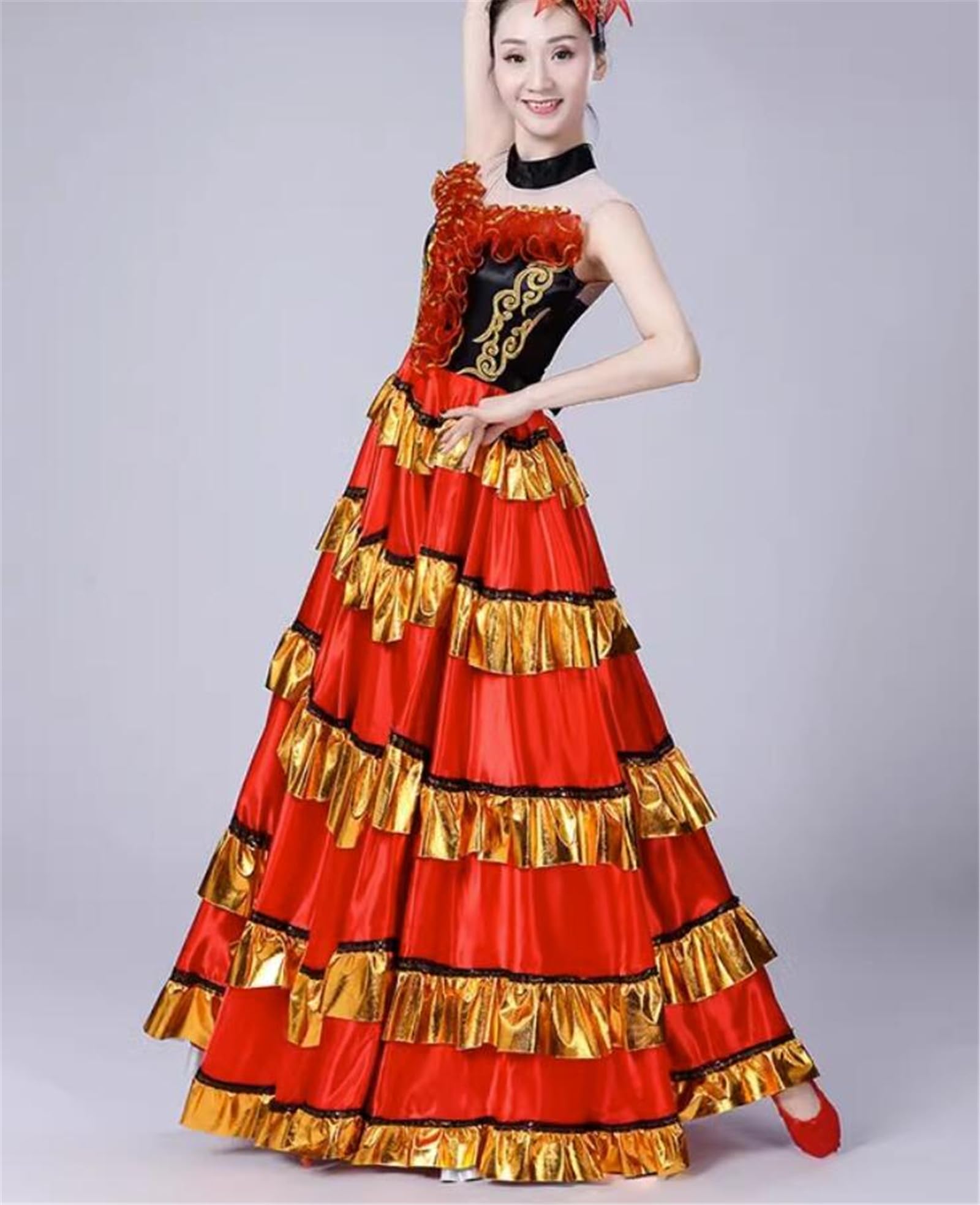 OTMYIGO Las Mujeres Vienen a Bailar Falda Gitana española Flamenco satén poliéster Sedoso Gran Columpio Carnaval Fiesta Vestido de salón Traje de Danza del Vientre