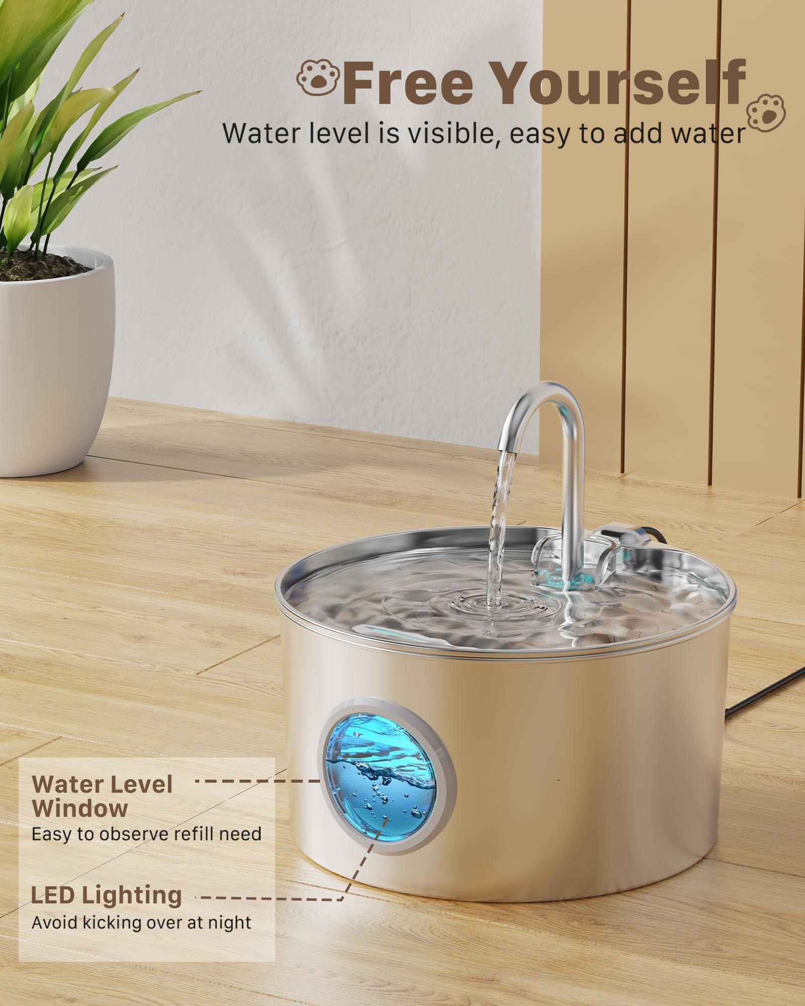 Fontanella per Gatti Acciaio: Fontana per Gatti Automatico - 2.2L Fontanella Gatto - Dispenser Acqua Gattis con 1 Filtri + 1 Spugne - Dispenser Acqua Gatto - Distributore Cani con Finestra Panoramica