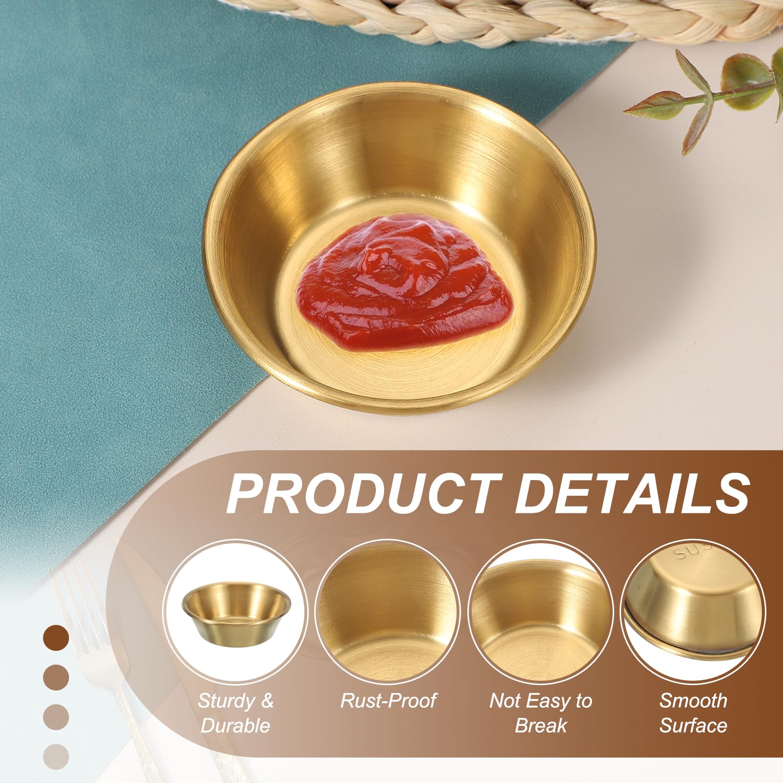 QUARKZMAN 2.8 Pulgadas Mini Salsera De Acero Inoxidable, 14 Piezas Tazones Redondos Para Condimentos Platos De Aperitivo Recipiente Para Salsas, Dorado