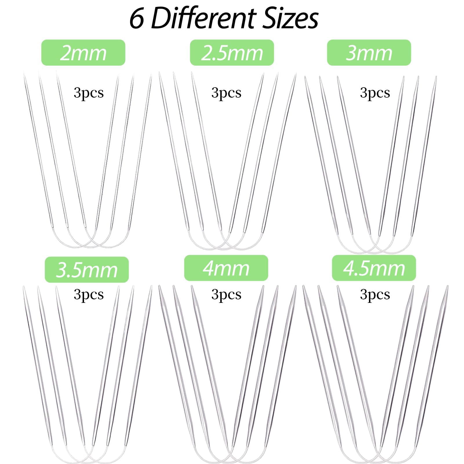 Kit 18 Aiguilles à Tricoter Circulaires En Acier Inoxydable - 6 Tailles (2mm à 4.5mm), Longueur 21 Cm - Pour Chaussettes, Bonnets, écharpes, Pulls