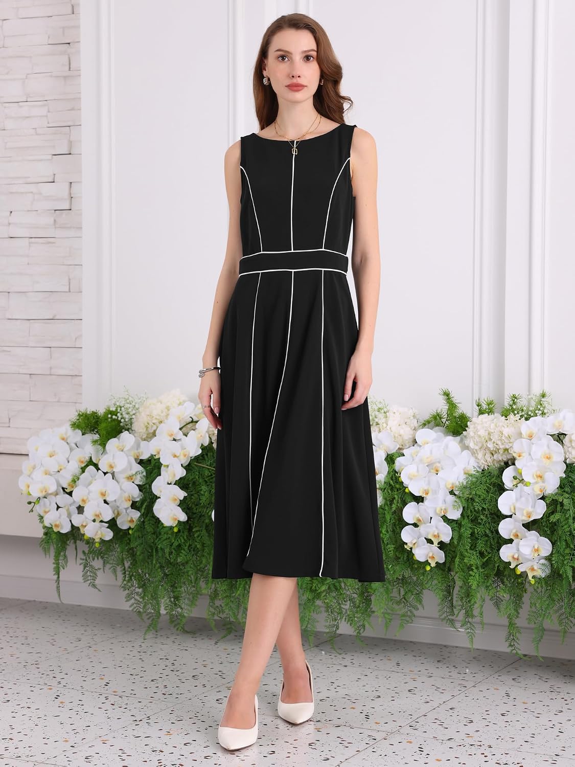 Hobemty Women's Boat Neck Sleeveless Dress Elegant Cocktail Party A-Line Flare Dresses