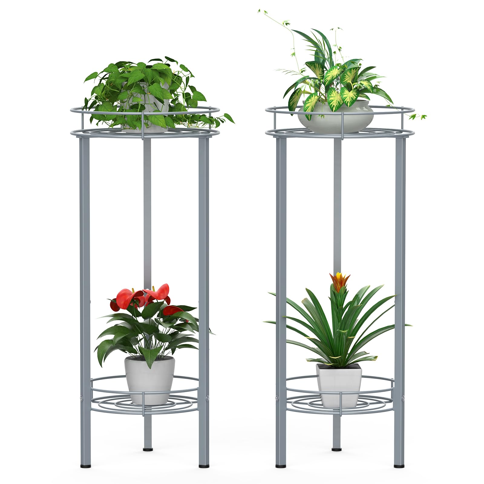 Porte-pot intérieur argenté pour surélever les plantes : support 2 étages anti-humidité