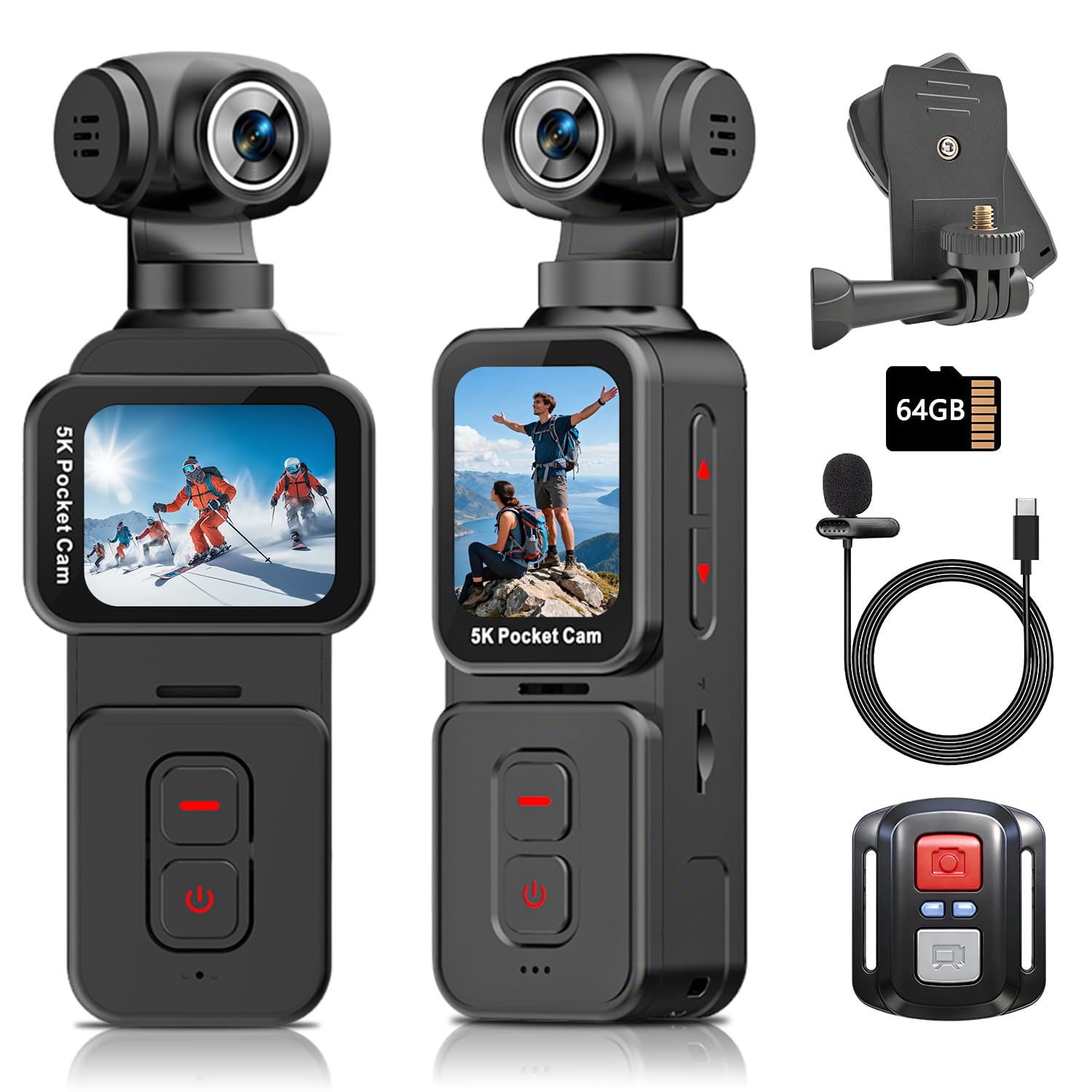 Camera Vlog avec Objectif Rotatif Motorisé 270° et Suivi du Visage, Camera Pieton 5K Portable pour Vlog Solo, POV et Voyage, Clip, Micro Externe, Télécommande et Carte Mémoire 64 Go Inclus
