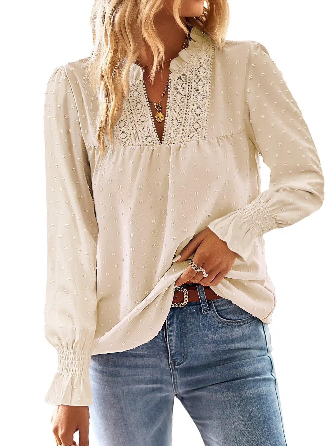 TUUHAW Langarmshirt Damen Herbst Boho Top Oberteile Fließend Elegant V-Ausschnitt T Shirt Süß Lässig Outfits Frühling Winter Longshirt Spitze Kleidung Paspel Volant