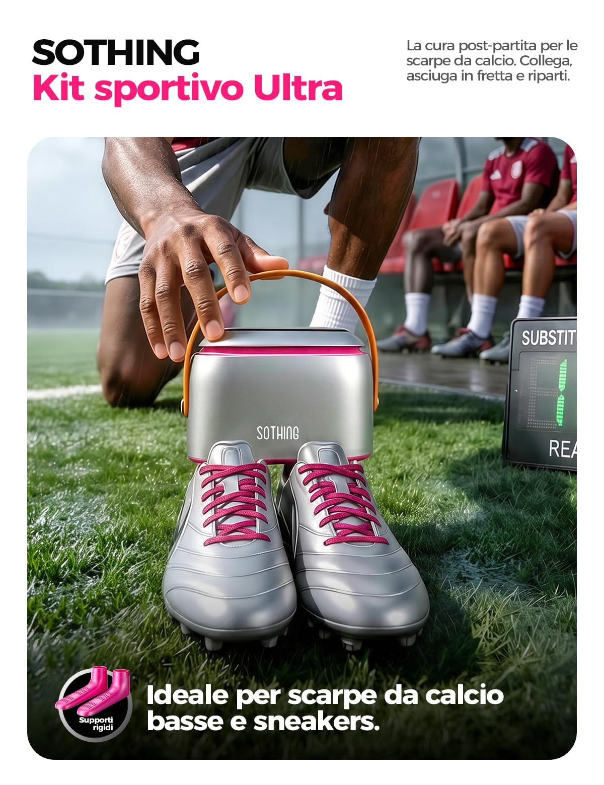 SOTHING Asciug scarpe elettrico con ozono per scarpe da calcio e scarponi | Flusso 360° per scarpe da calcio e sci, tubi flessibili, ozono antiodore, 3 livelli, timer 1–9 ore e borsa portaoggetti.