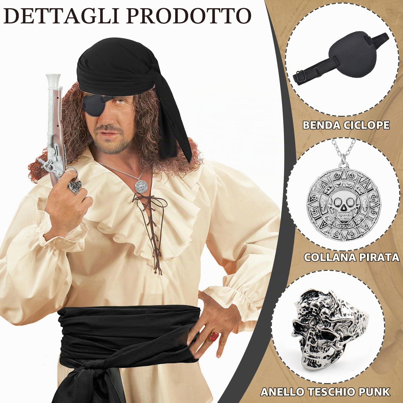 Accessori Pirata, Accessori Costume da Pirata, Set di Accessori per Costumi da Pirata, Accessori Pirata Uomo, per Feste Caraibiche, Halloween, Carnevale, Travestimento, Cosplay