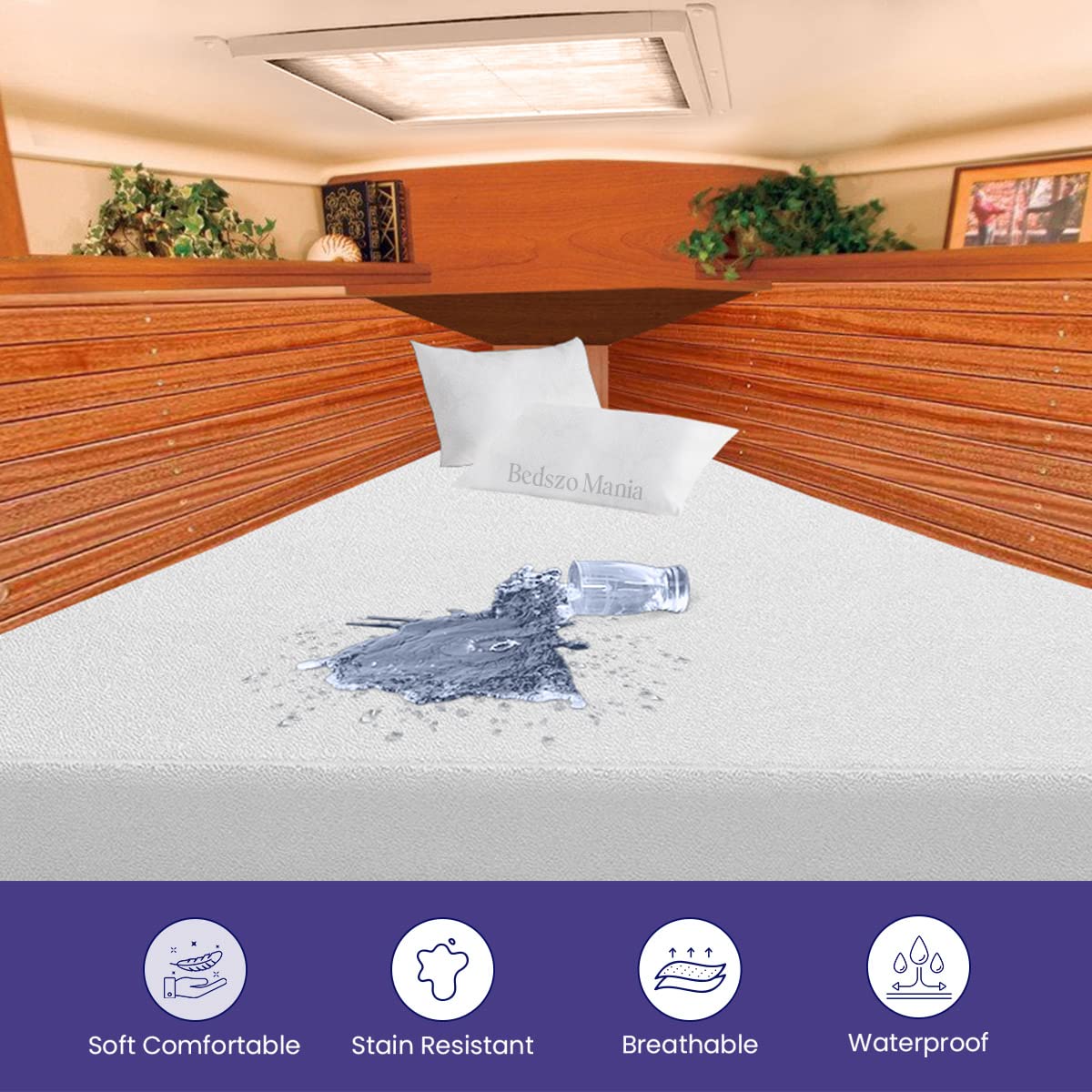 V Berth Mattress Protector Pad Cover White Color Fits Upto 8”inch Deep Pocket 100% Waterproof in V Berth Fitted Style Ultra Soft Terry Cotton Material Vinyl-Free Easily Washable