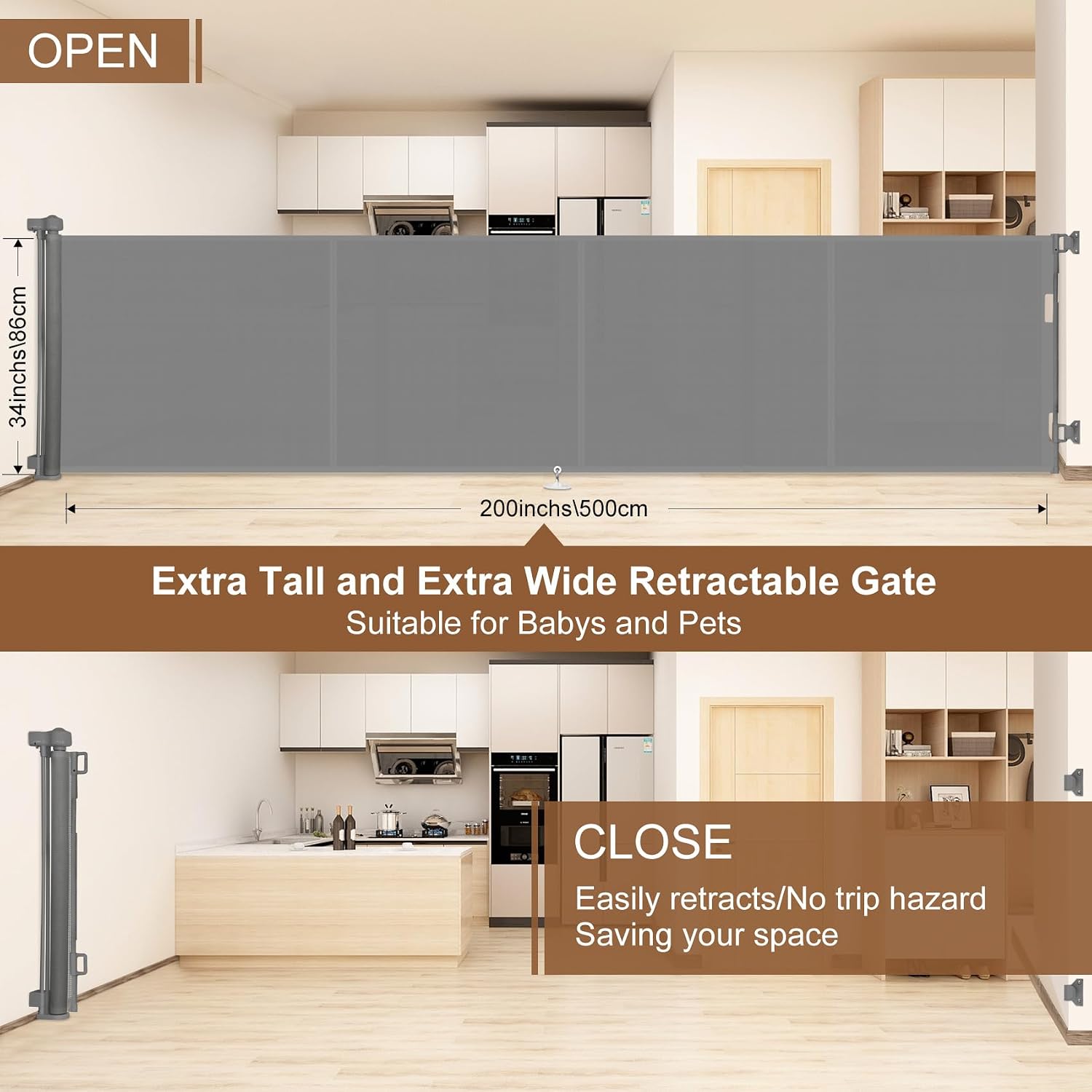 Miumoon 200 inch Retractable Baby Gates 37 inch Tall, Retractable Gate with Reinforced Strip Design to Prevent Crawling Through, 16 FT Outdoor Retractable Gates, Extra Wide Retractable Gate for Garage