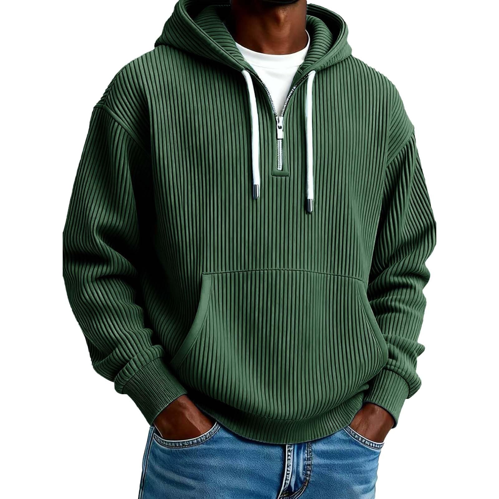 Felpa da uomo in velluto a coste casual con cappuccio e zip a un quarto