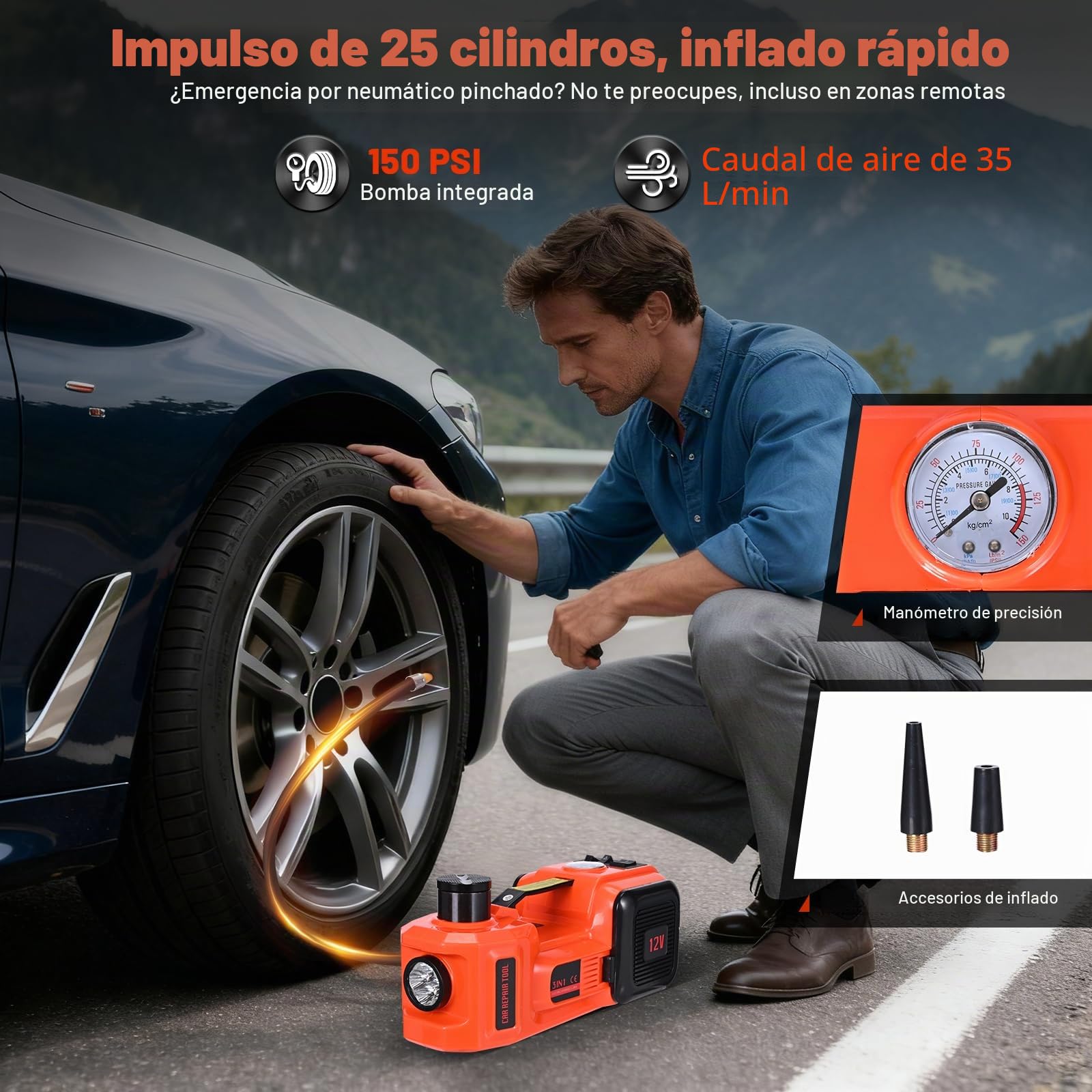 Gato hidráulico eléctrico 5T, gato hidráulico con llave de impacto eléctrico, rango de elevación 15-53 cm, cargador con bomba inflable y luz LED para coche, SUV, sedán, MPV