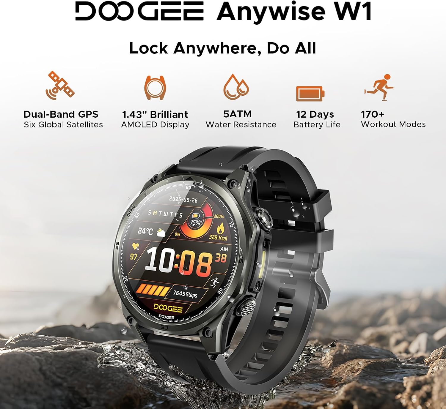 Anywise W1 GPS Smart Watches for Men, 6 Satellite Positioning, 50M Waterproof Fitness Tracker, 1.43'' AI Mens Smart Watch for Android Phone/iphone compatible,Answer/Make Call/12 Days Battery