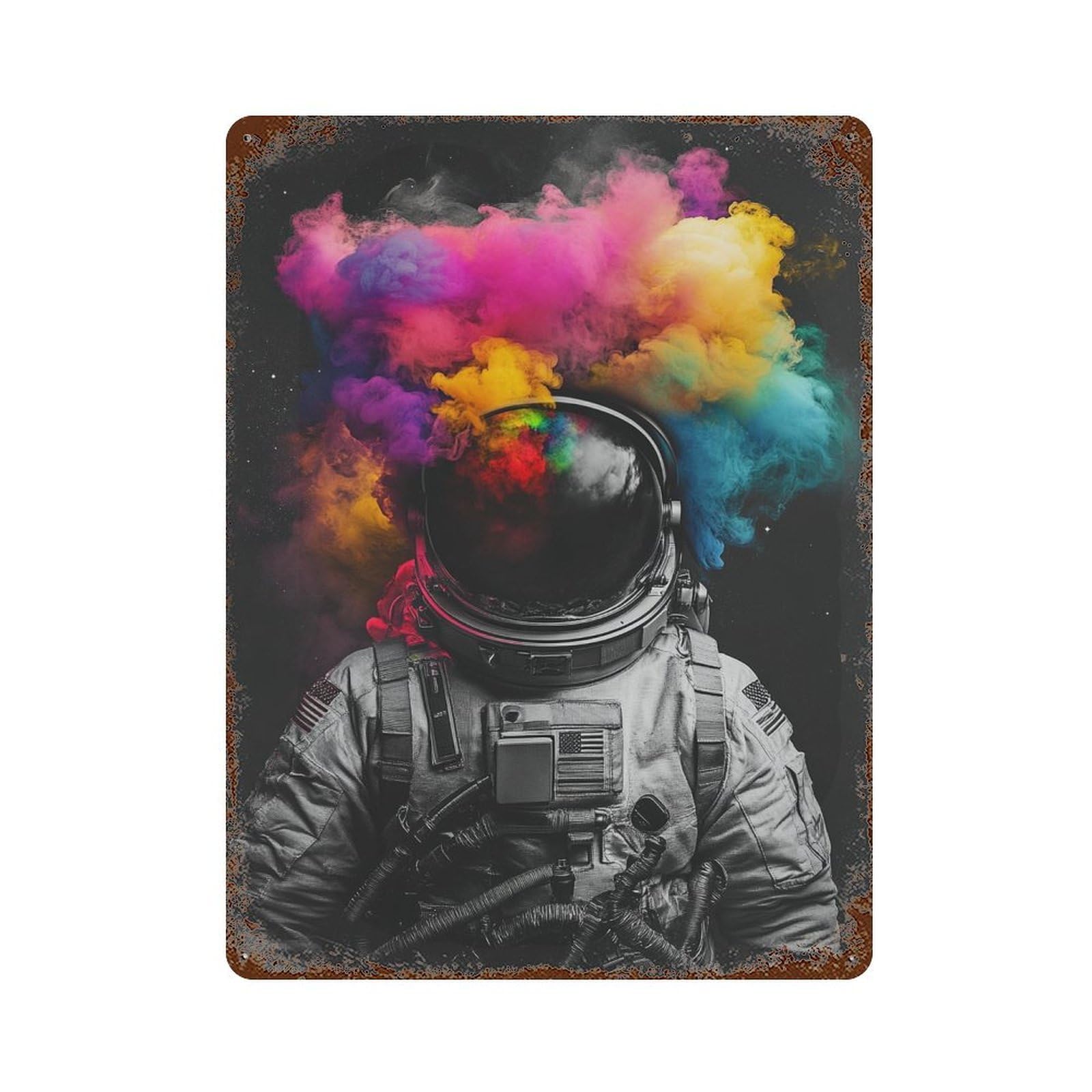 Colorful Astronaut Smoke Art Decorative Tin Sign 15.7"x11.8", Vintage Wall Decor for Basement, Hobby Room And Garage Decor