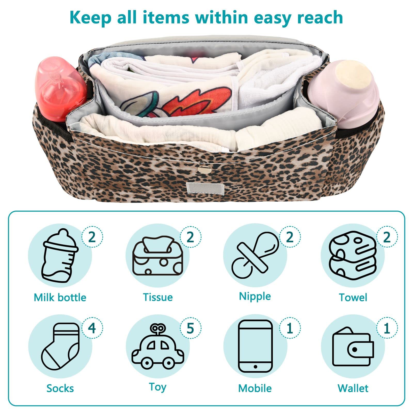 Borsa organizer per passeggino con stampa leopardata, universale, con 2 portabicchieri, cinghie regolabili e gancio per passeggino, adatta per biberon, pannolini, telefono, giocattoli