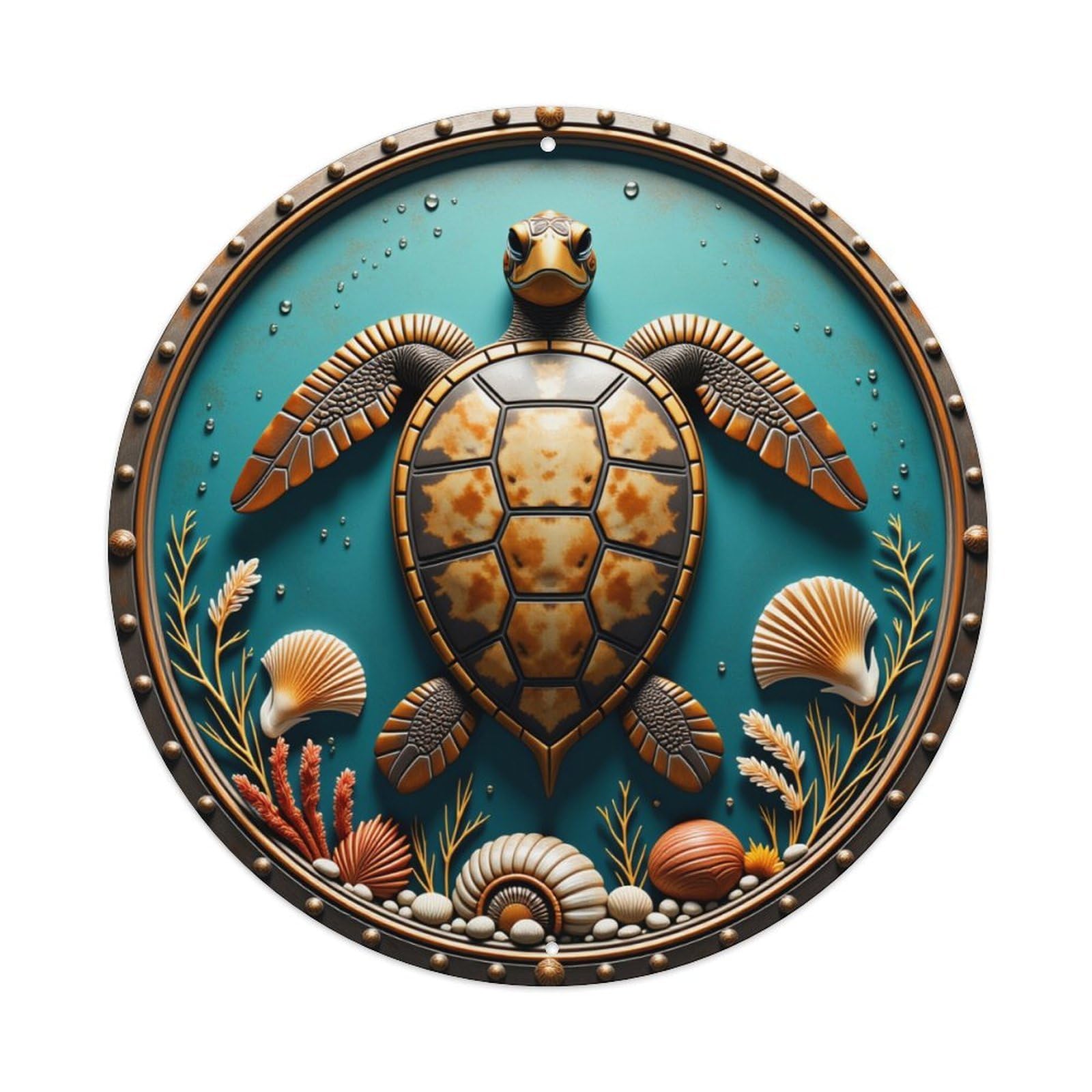 Sea Turtle Shell Coral Seashell Vintage Round Tin Sign Retro Metal Wall Decor Metal Poster, Home Bar Garage Cafe Wall Art Decoration 8x8Inches