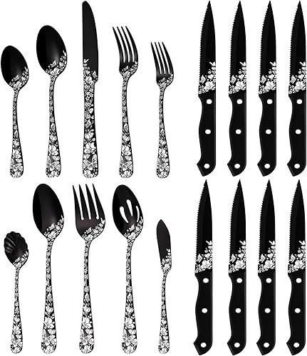 Stapava El juego de cubiertos negros de 33 piezas incluye cubiertos de 20 piezas, 8 cuchillos de carne y 5 utensilios de servir, juego único de