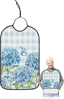Kewadony Adult Bibs for Elderly Women - Floral Waterproof Dining Clothing Protectors with Crumb Catcher for Eating/Feeding, Hydrangea Flower Spring Plant Butterfly Blue Plaid Terry Cloth Bib Washable