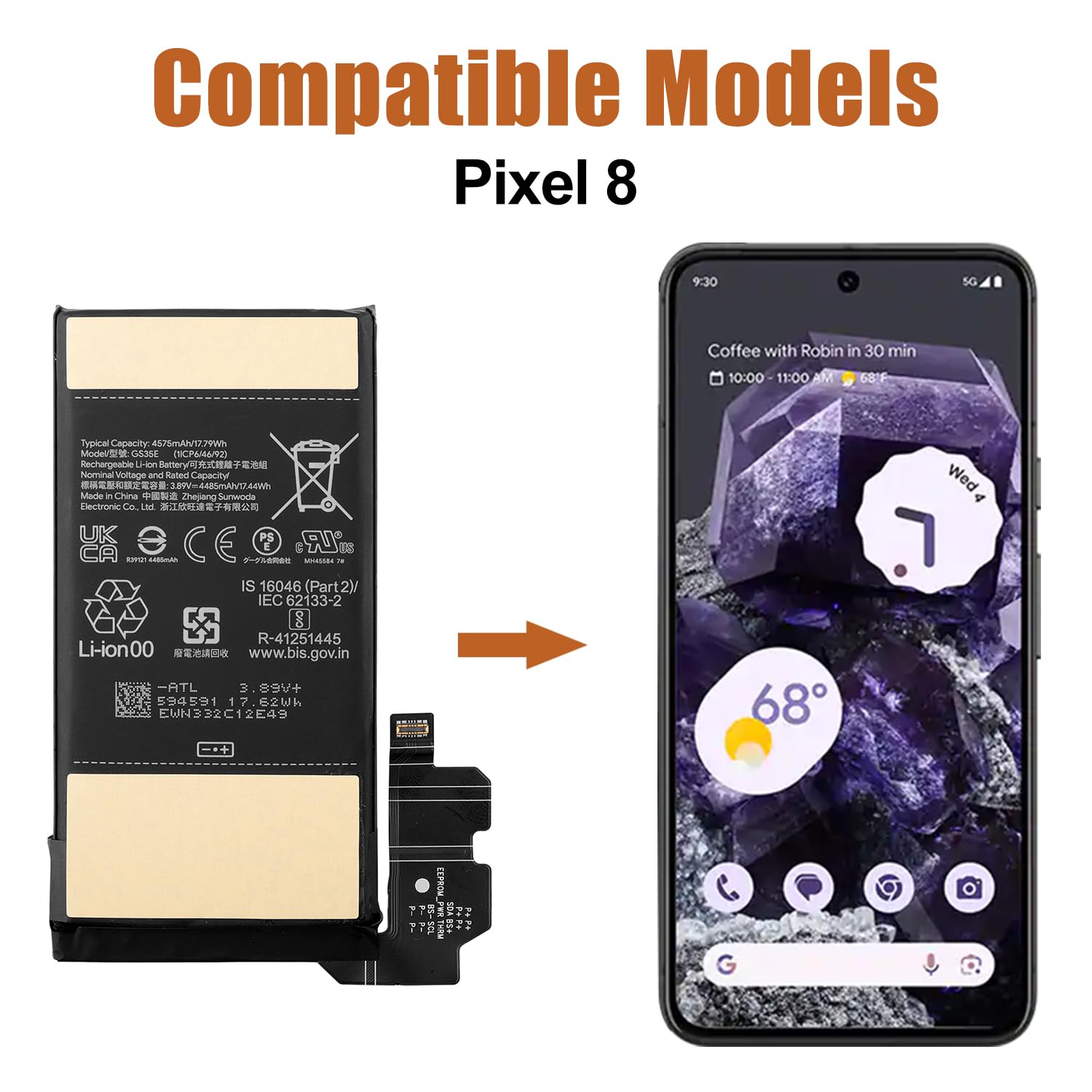 Duotipa 4485 mAh nowa bateria zamienna GS35E kompatybilna z Google Pixel 8 GKWS6 akumulator z zestawem narzędzi naprawczych