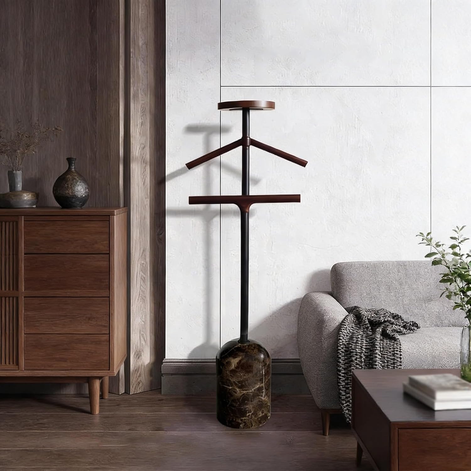 Suit Valet Stand with Dusting Brush Wood Freestanding Suits Rack for Bedroom Entryway Living Room Hotel