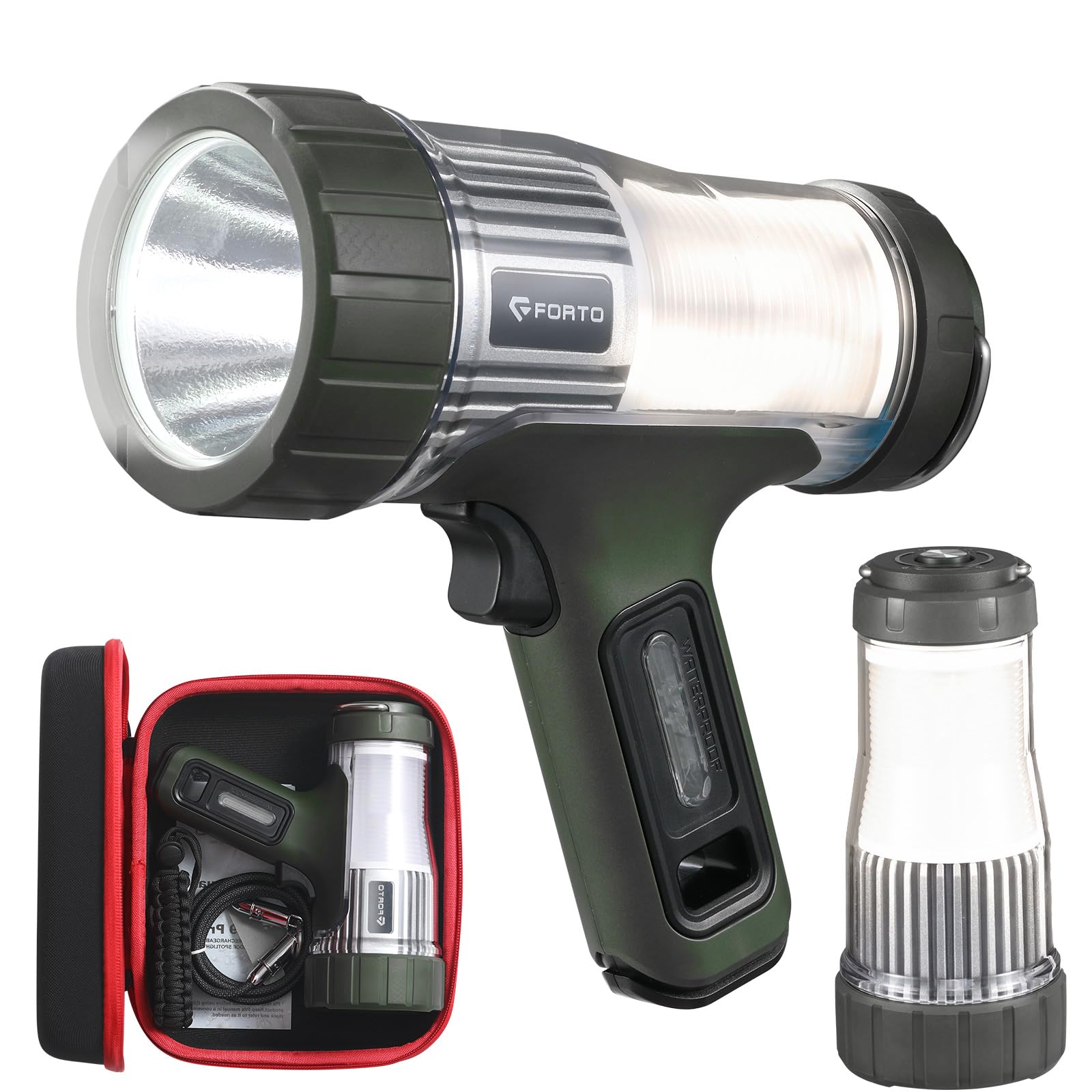 FORTO Faretto LED ricaricabile e lanterna da campeggio, 3000lm IP68, torcia impermeabile con batteria da 5000 mAh, fascio di luce da 420 m, gancio pieghevole, tipo C, per escursionismo, emergenza