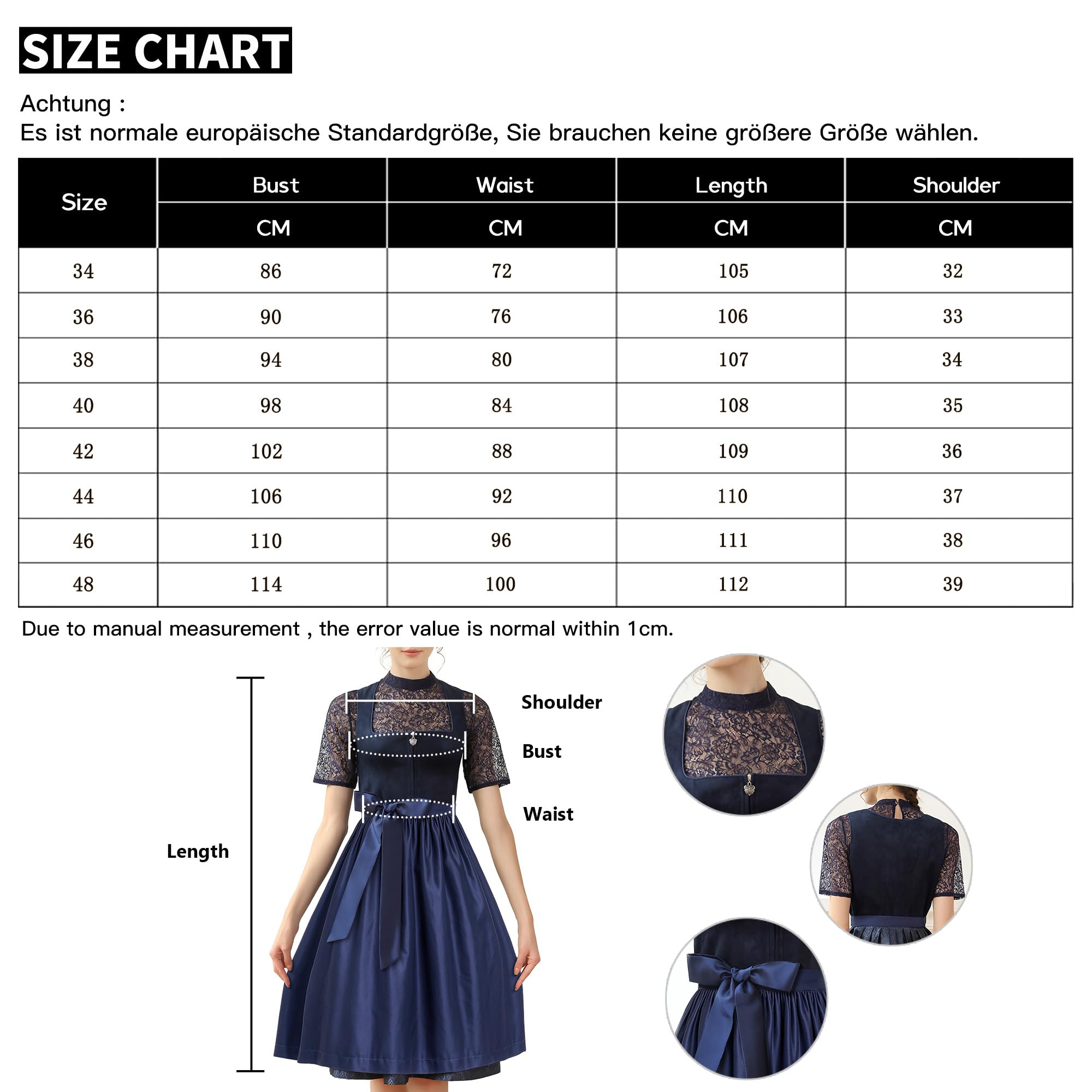 EIISSION Dirndl Damski Oktoberfest Kostium Oktoberfest Kostium Kostium Damski Zielony Tradycyjna Sukienka midi Trachten Sukienka 3 Pieces Sukienka Bluzka Fartuch