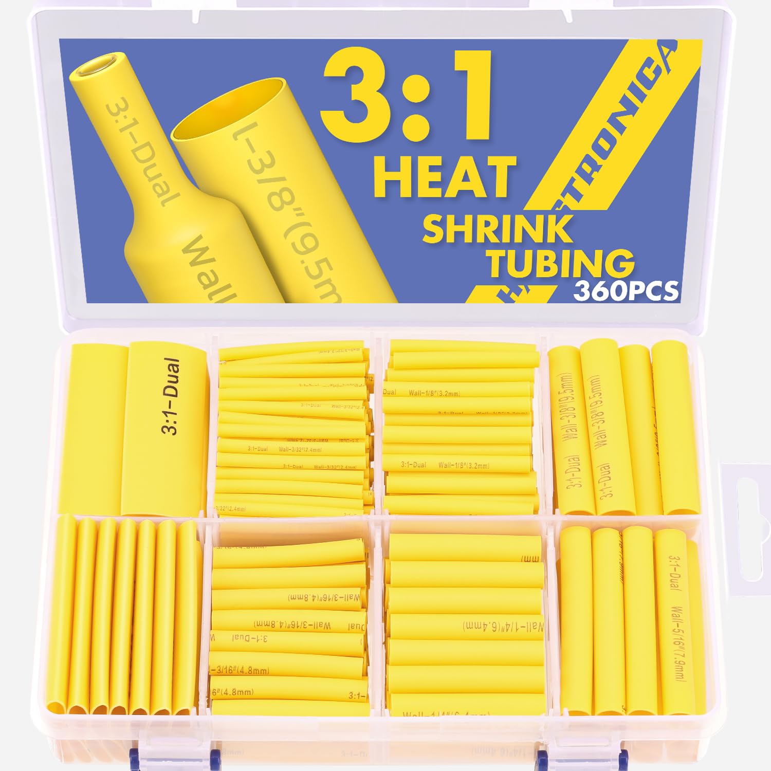 haisstronica 360PCS Heat Shrink Tubing,3:1 Ratio Adhesive Lined Marine Heat Shrink Tube Kit 8 Sizes(3/32"-5/8") Yellow