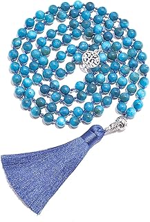 Hovaete 108 Mala Prayer Beads Necklace Natural Stones Meditation Yoga Jewery 108 Hand Knotted Japa Mala Beaded Long Tassel Necklace with Tree of Life Pendant for Men and Women, Stone, Amazonite