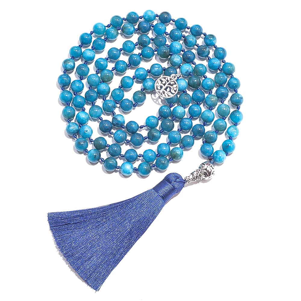 Hovaete 108 Mala Prayer Beads Necklace Natural Stones Meditation Yoga Jewery 108 Hand Knotted Japa Mala Beaded Long Tassel Necklace with Tree of Life