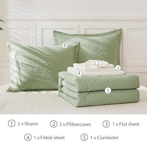 Miniatura 9 de Geniospin Juego de edredón tamaño King, cama en una bolsa, verde salvia, 7 piezas, cómoda ropa de cama de sirsaca para todas las estaciones, con