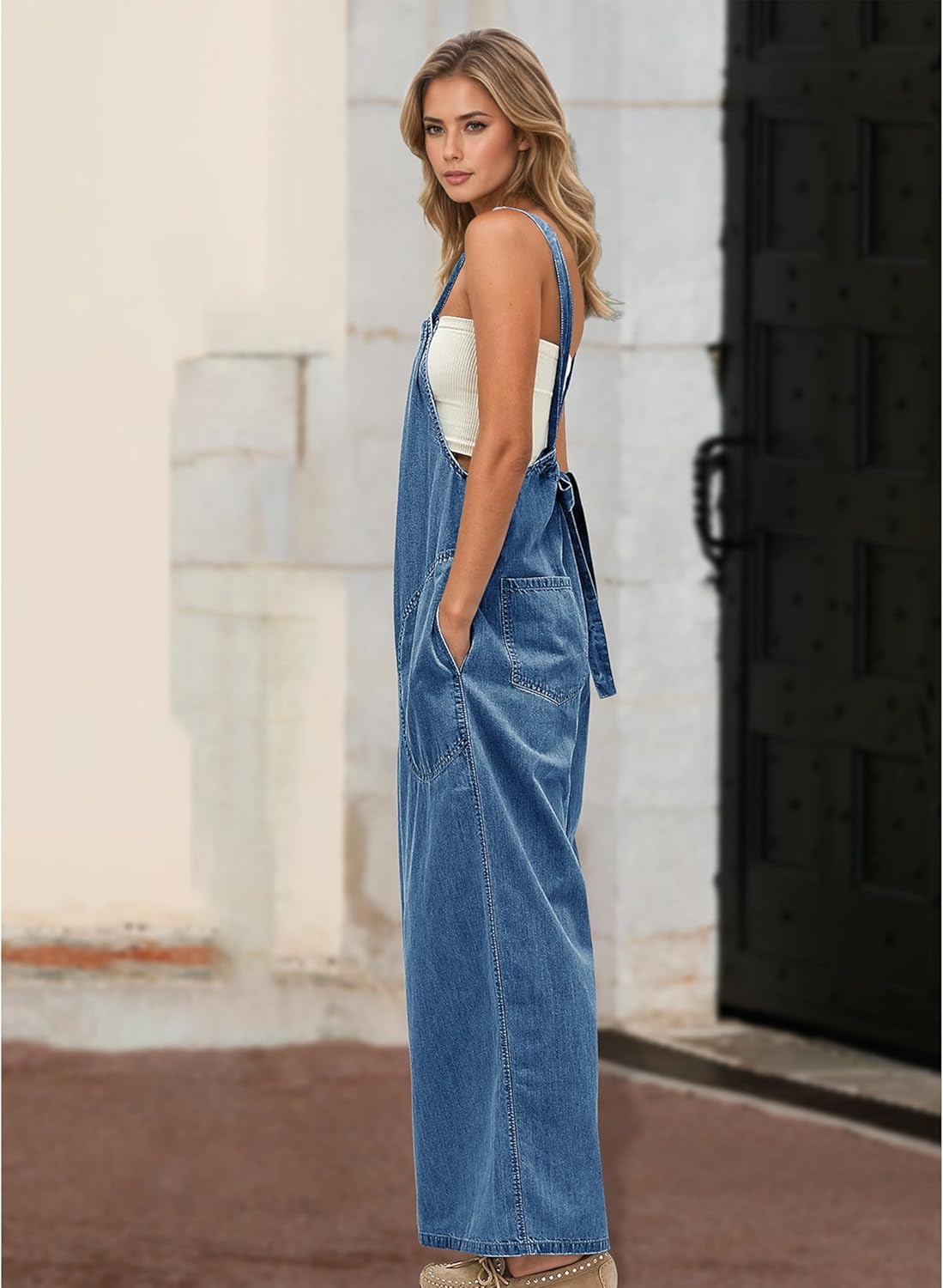 Women's Slouchy Denim Overalls Wide Leg Jumpsuit Casual Adjustable Tie Back Backless Jean Rompers with Pockets - Image 5