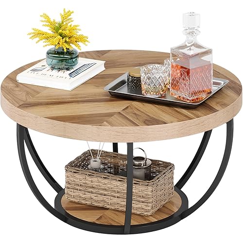 LITTLE TREE Round Coffee Table, 31.7 Inch Industrial Center Table with Storage Shelf for Living Room, Wooden Circle Coffee Table with Sturdy Metal Legs, Wood Grain and Black