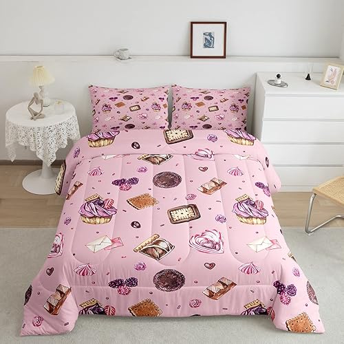 Juego de edredón de postre para niñas, tamaño Queen, juego de ropa de cama gourmet de pastel de galletas, 3 piezas para adolescentes, niños y