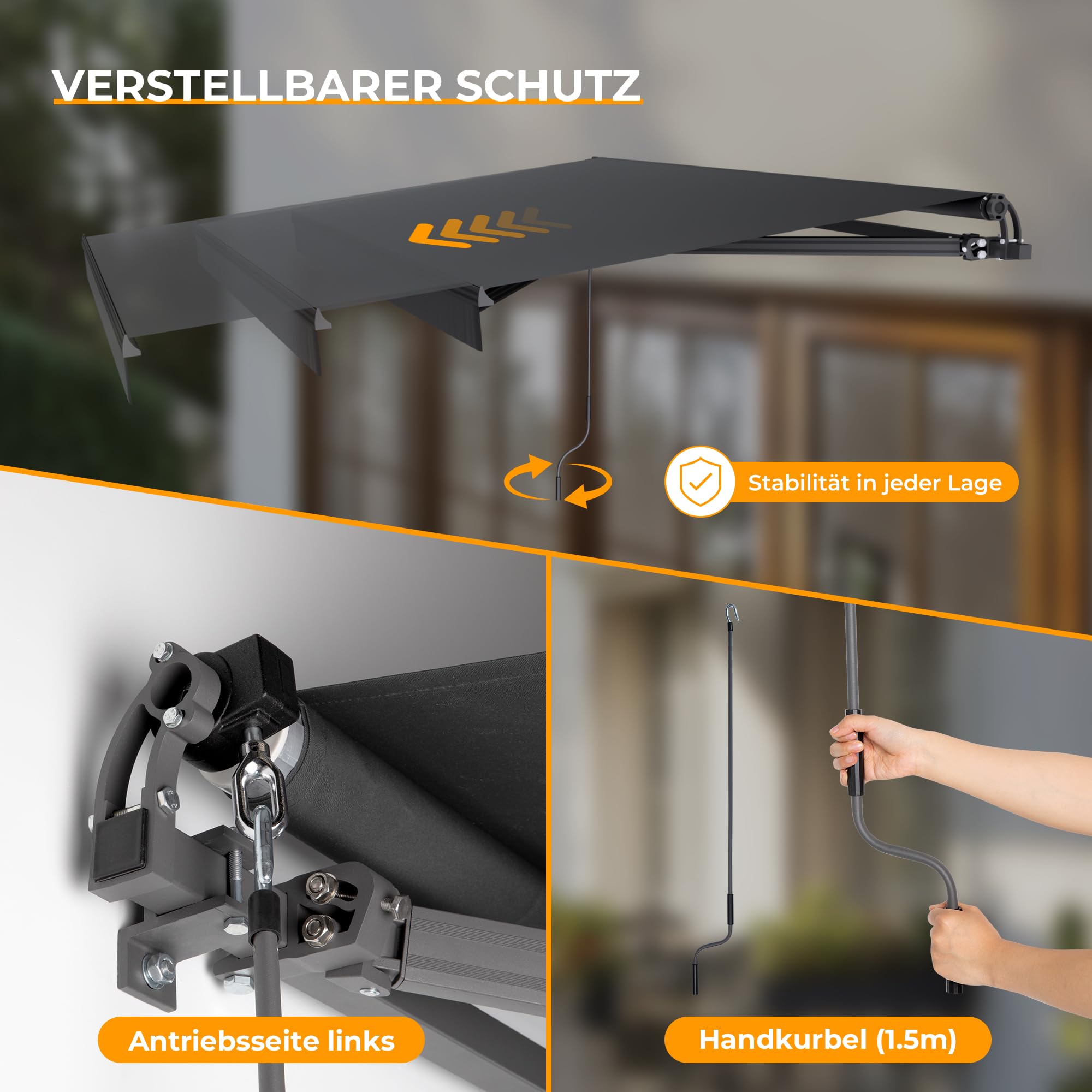 HOMEDEMO Gelenkarmmarkise Markise mit Handkurbel, 300x250cm, Anthrazit, Sonnenmarkise Terrassenmarkise Winkel Einstellung(5-60°), Balkon Markisen mit Wasserdichter Beschichtung inkl. Wandhalterung