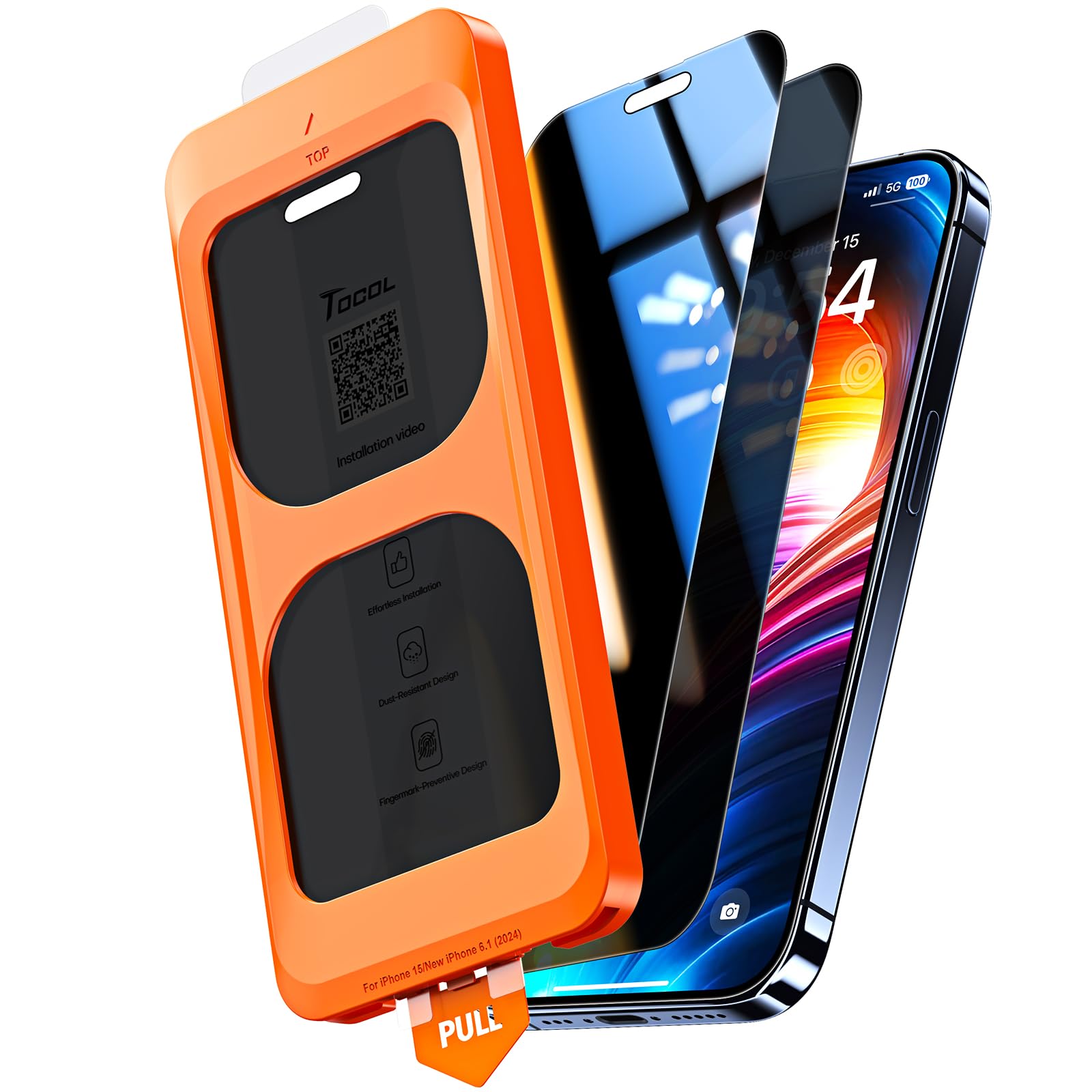 2 Pack for iPhone 15 Privacy Screen Protector 6.1-Inch, True 25°Anti Spy, Instant Installation, 16FT Military Grade Shatterproof, Tempered Glass, Case Friendly, HD Full Coverage Protection